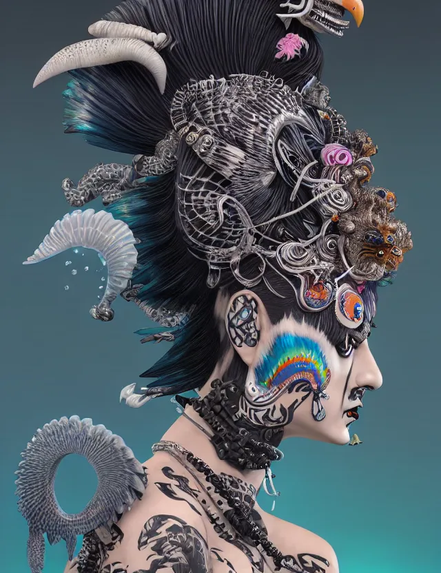 Image similar to 3 d goddess close - up profile portrait punk with mohawk with ram skull. beautiful intricately detailed japanese crow kitsune mask and clasical japanese kimono. betta fish, jellyfish phoenix, bio luminescent, plasma, ice, water, wind, creature, artwork by tooth wu and wlop and beeple and greg rutkowski