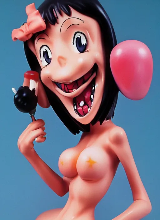 Prompt: a lowbrow airbrush painting of a moe anime girl figurine caricature with a big toothy grin featured on Ren and Stimpy by Norman Rockwell