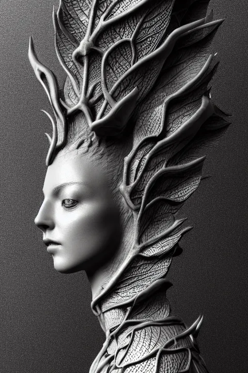 Image similar to bw close - up profile face, black background, beautiful young porcelain vegetal - dragon - cyborg - female, 1 5 0 mm, beautiful natural soft rim light, silver gold details, magnolia leaves and stems, roots, mandelbot fractal, elegant, ultra detailed, white metallic armour, octane render, dora maar