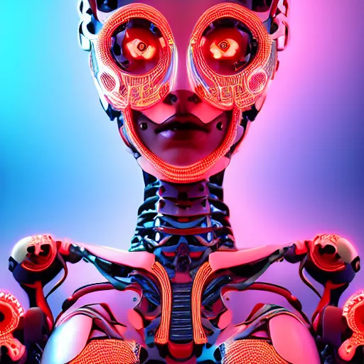 Prompt: an extremely beautiful biomechanical female robot with large emoji, twins, neon jacuzzi, oppai cyberpunk, chimeric organism, pale skin, organic polycarbon, full frontal portrait, highly detailed, transhumanist hydration, light bath, symmetrical, goddess, mendelbrot fractal, ray tracing, hyperdetailed, hyperrealistic, trending on artstation, octane render, hdr, uhd 4k