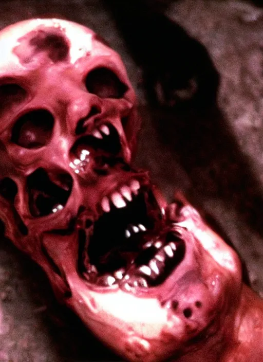 Prompt: horror practical fx of an a dismembered human head with crooked teeth in the middle of a room by dario argento