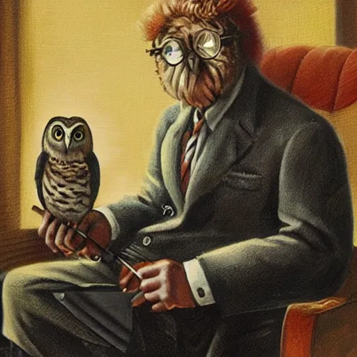 Image similar to portrait of an owl man sitting on a couch smoking a pipe, realistic masterpiece