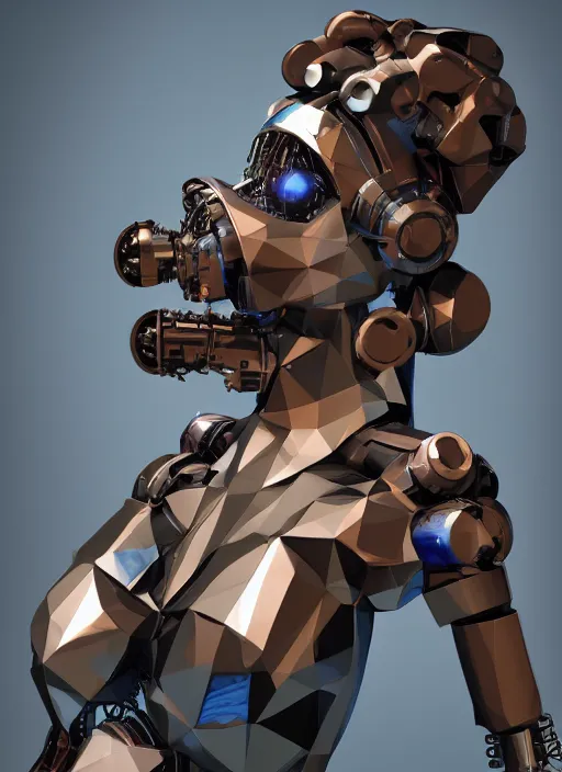 Image similar to woman, cyborg, low-poly, steampunk color scheme, hydro integration, robot, close-up shot