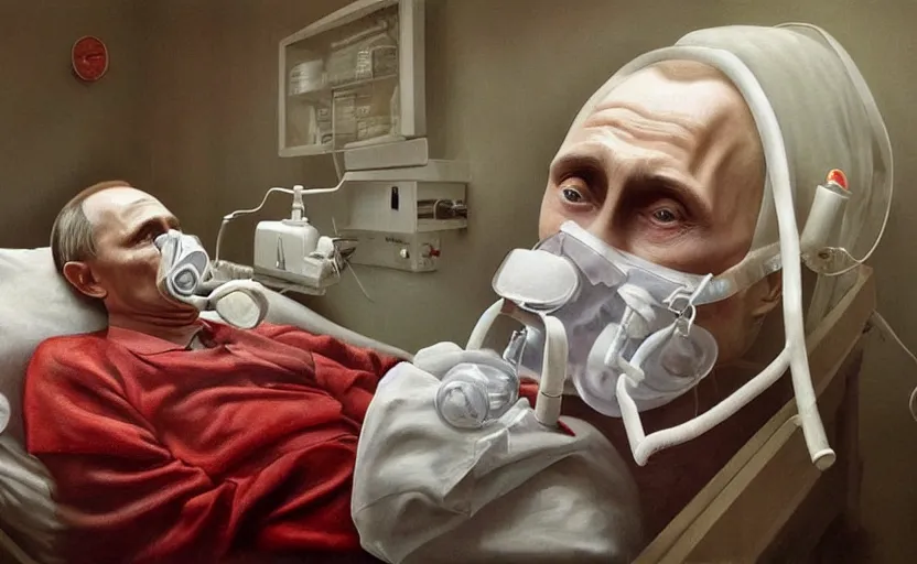 Image similar to hyperrealistic painting of very ill Vladimir Putin as a patient wearing an oxygen mask on a death bed inhaling from Copium tank that stand near his bed, stunning 3d render inspired art by Tim Okamura and Lise Deharme, perfect facial symmetry, dim volumetric lighting, 8k octane beautifully detailed render, post-processing, extremely hyperdetailed, intricate, epic composition, grim yet sparkling atmosphere, cinematic lighting + masterpiece, trending on artstation, very very detailed, masterpiece, stunning