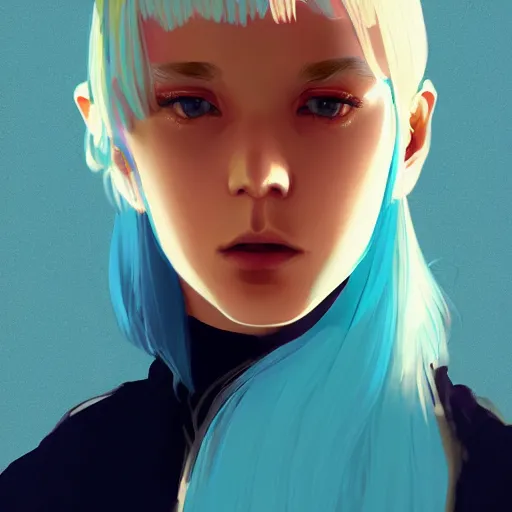 Prompt: ilya kuvshinov with long sky blue hair, gold eyes, amber eyes, boy face, professional digital painting, concept art, award - winning photography, cinematic, wlop, color block, pop, hip, art by andy warhol, pixiv art, yoshitaka amano