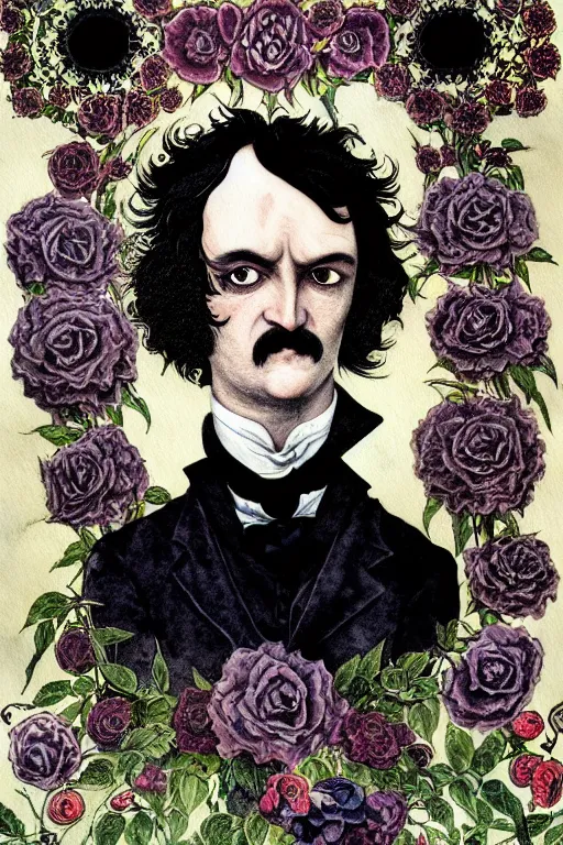 Image similar to realistic portrait of edgar allen poe in the center of an ornate black rose flower frame, detailed art by kay nielsen and walter crane, illustration style, watercolor