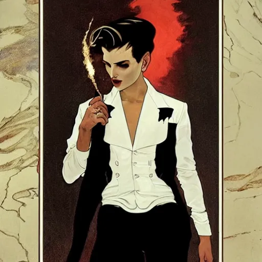 Image similar to beautiful portrait of androgynous ruby rose as desire from sandman in a white tuxedo!!!, rockabilly style,, by alphonse mucha, by jeremy mann, by peter lindbergh, cedric peyravernay, by frank moth, white suit and black tie, soft lightning, high detailed, 8 k