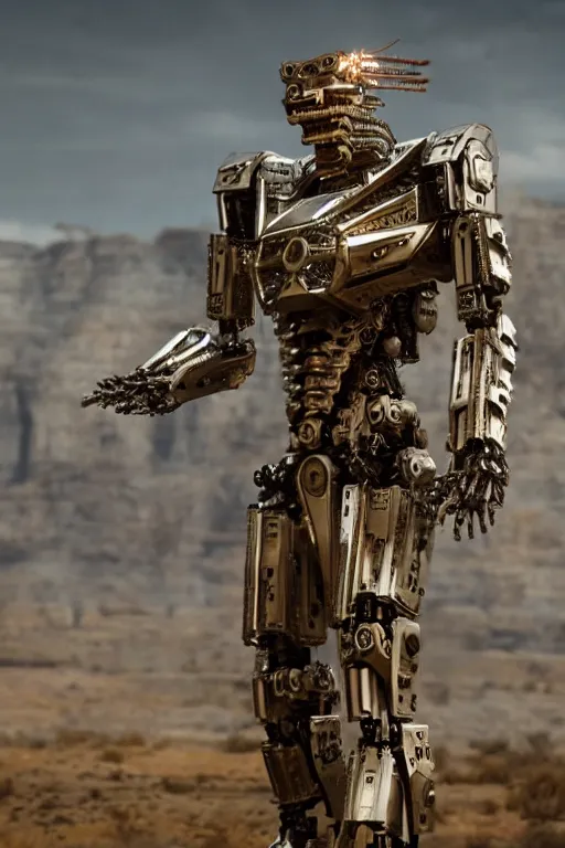 Prompt: cinematic still in westworld and machine - warrior - 5, intricate ornate humanoid mecha warrior,