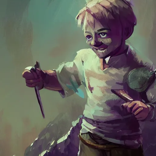 Image similar to duergar male child character portrait with pale purple skin, by Ismail Inceoglu, shabby clothes, leather pouch, wielding kitchen knife, smiling, youthful, dungeons and dragons, digital art