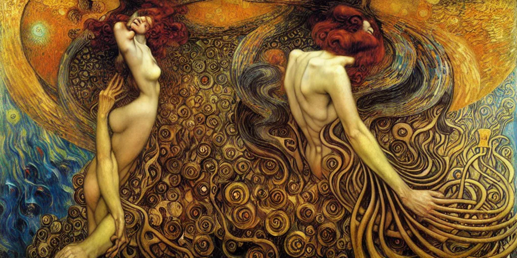 Image similar to Divine Chaos Engine by Karol Bak, Jean Delville, William Blake, Gustav Klimt, and Vincent Van Gogh, symbolist, visionary