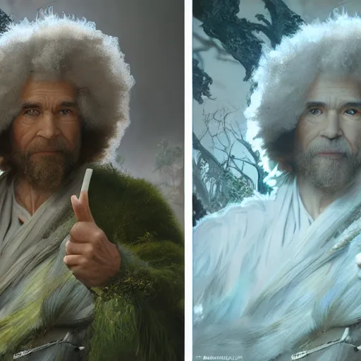 Image similar to an ultra detailed matte painting of bob ross dressed as a wandering elf druid, silver hawk animal companion, d & d, fantasy concept art by alphonse mucha and greg rutkowski, octane render, 8 k, detailed face