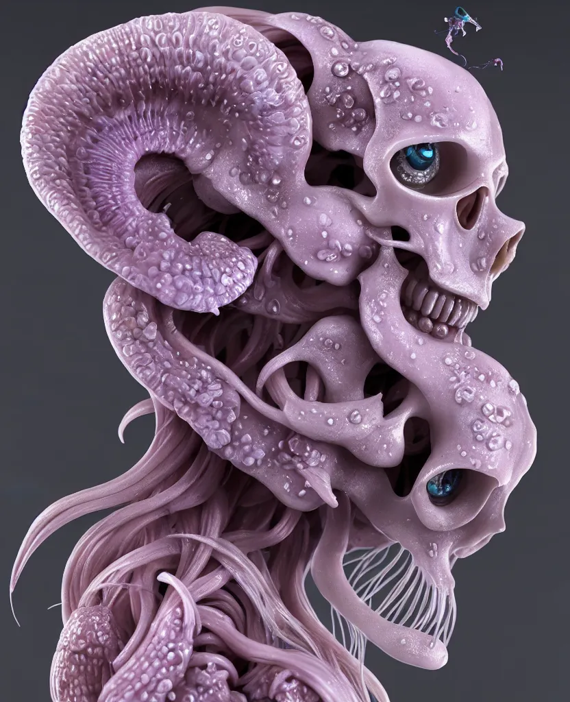 Prompt: goddess princess beautiful face close-up portrait ram skull plasticine sculpture. jellyfish phoenix head, nautilus, orchid, skull, betta fish, bioluminiscent creatures, intricate artwork by Tooth Wu and wlop and beeple. octane render, trending on artstation, greg rutkowski very coherent symmetrical artwork. cinematic, hyper realism, high detail, octane render, 8k