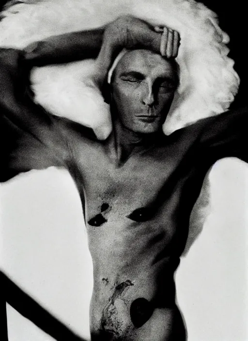 Image similar to helmut newton photograph of a man with the moon for a face, swan wings, a tree body, 3 5 mm, studio lighting