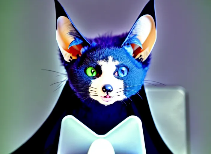 Image similar to a blue - and - black male catbat fursona with blue / green heterochromatic eyes ( differently - colored eyes, one eye green, one eye blue ) and huge bat ears, photo of the catbat streaming on his computer