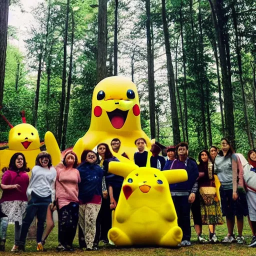 Image similar to photo of a group of people worshipping a giant pikachu in a forest