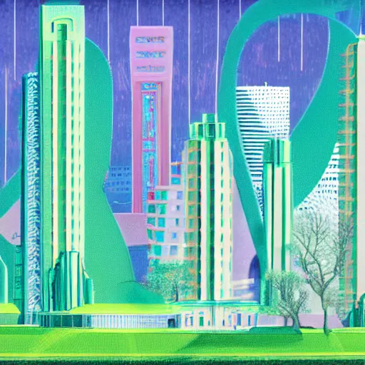 Image similar to art deco vaporwave illustration of a green park in a futuristic pastel city