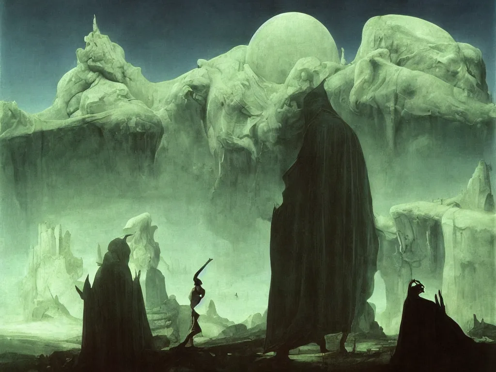 Prompt: Strange old man with white cloth on an alien planet dominated by giant beetles. Thick gothic cathedral smoke. Surreal, melancholic. Painting by Caravaggio, Caspar David Friedrich, Roger Dean