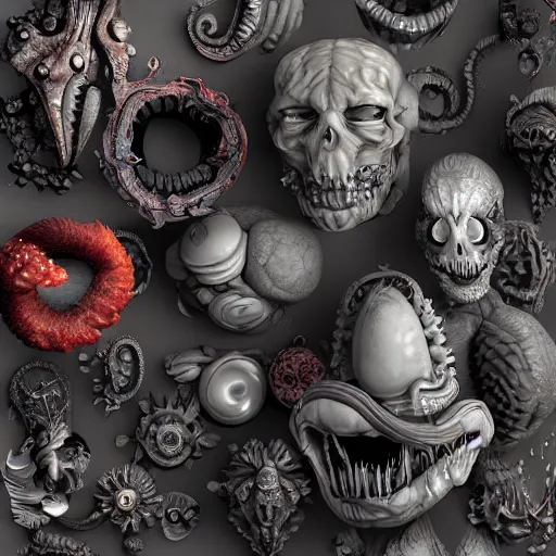 Image similar to a close up of a bunch of different items, an ambient occlusion render by alberto seveso, zbrush central, vanitas, lovecraftian, biomorphic, rendered in cinema 4 d