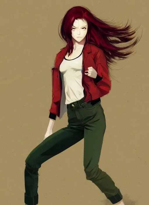 Image similar to full-body shot of an attractive tomboy girl with long, crimson red hair and red eyes, wearing a brown, open jacket and green jeans with a stern look, concept art, character design, by WLOP, by Ross Draws, by Tomine, by Satoshi Kon, by Rolf Armstrong