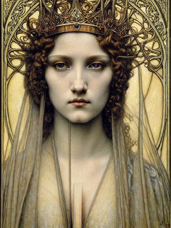 Image similar to detailed realistic beautiful young medieval queen face portrait by jean delville, gustave dore and marco mazzoni, art nouveau, symbolist, visionary, gothic, pre - raphaelite. horizontal symmetry