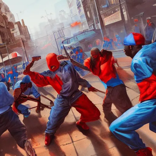 Prompt: crips versus bloods, street war, highly detailed, digital painting, realistic shading, cinematic composition, hdr, photorealistic, 3 5 mm film, concept art, artstation, matte, sharp focus, illustration, official fanart behance hd artstation