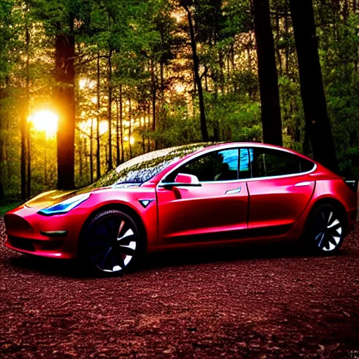 Prompt: renaissance painting of a tesla model 3 in a forest at sunset