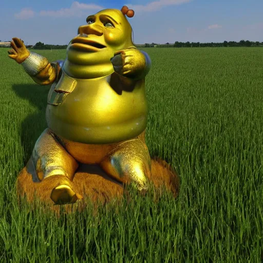 Prompt: drunk russians find a golden Shrek statue in a field, 4k, 8k high detailed