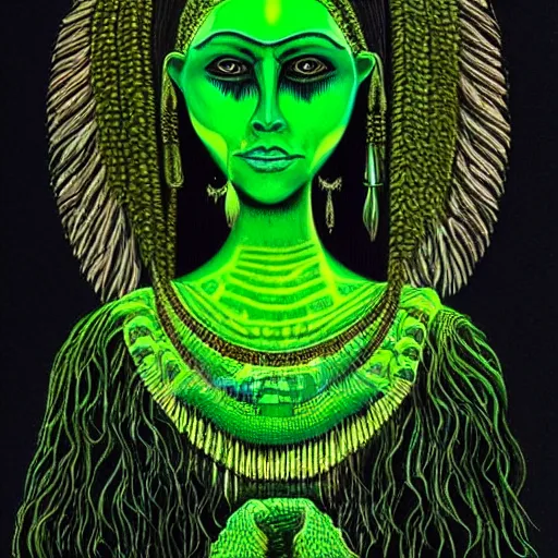 Image similar to professional portrait of a green annunaki woman, creepy, black background, very detailed, very intricate, intimidating,