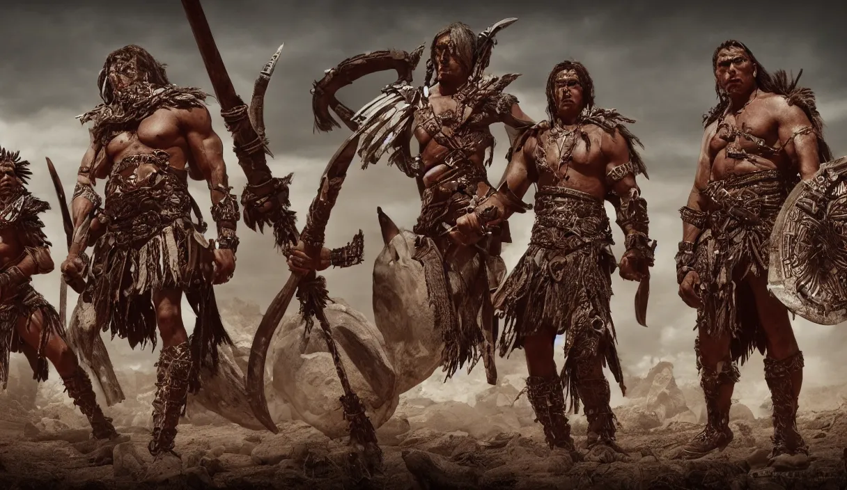 Image similar to two ancient tribesman with futuristic weapons standing in front of barbarian horde, handsome symmetrical faces, muscular bodies, dramatic lighting, cinematic, establishing shot, extremely high detail, photorealistic, 300 the movie,monster hunter the movie, monster hunter, cinematic lighting, artstation, octane render, western,old photo, vintage