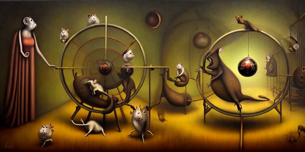 Prompt: trapped on the hedonic treadmill like a hamster on a wheel, dark surreal oil painting by ronny khalil, shaun tan, and leonora carrington