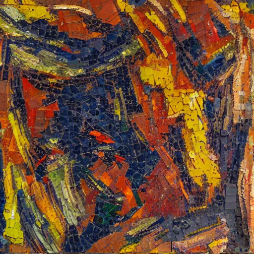 Image similar to oil paint impasto relief, abstract mosaic, multi layered thick brush marks, some splattered paint, in the style of ivan shishkin and frank auerbach and van gogh