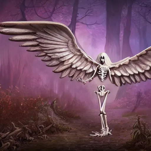 Prompt: skeleton of a mysterious fantasy winged creature in a forest at night, 4 k, photorealistic