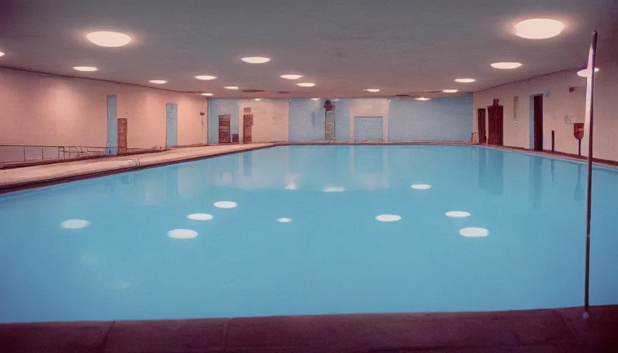 Prompt: 60s movie still of a sovietic stalinist style empty light blue pool ,cinestill 800t 50mm eastmancolor, liminal Space style, heavy grain-s 150