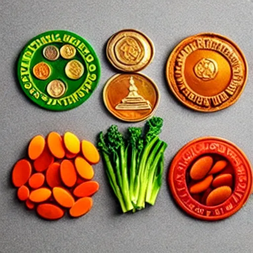 Image similar to edible coins made of vegetables, finely chopped vegetables in the shape of coins