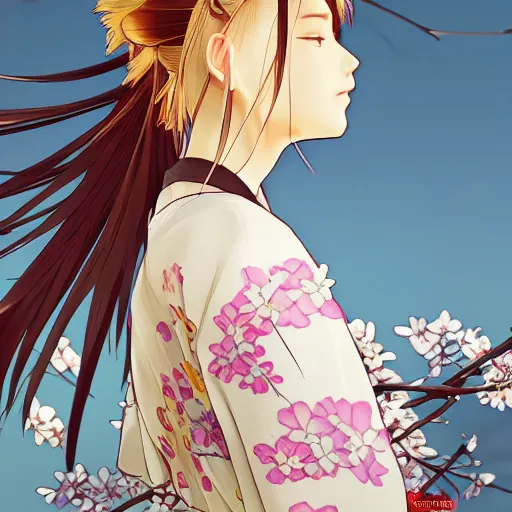 Image similar to side portrait of a girl walking, sakura tree in background, yukata clothing, battlefield in background, anime style, hair down, symmetrical facial features, from arknights, hyper realistic, 4 k, extreme detail, detailed drawing, trending artstation, realistic lighting, by alphonse mucha, greg rutkowski, sharp focus, backlit