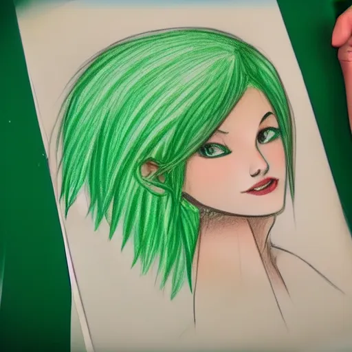 Prompt: drawing of my dream girl, green hair, short, cute