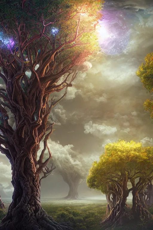 Prompt: tree of life, four seasons, volymetric light, highly detailed matte painting by ( ohrai ), charlie bowater and mark brooks