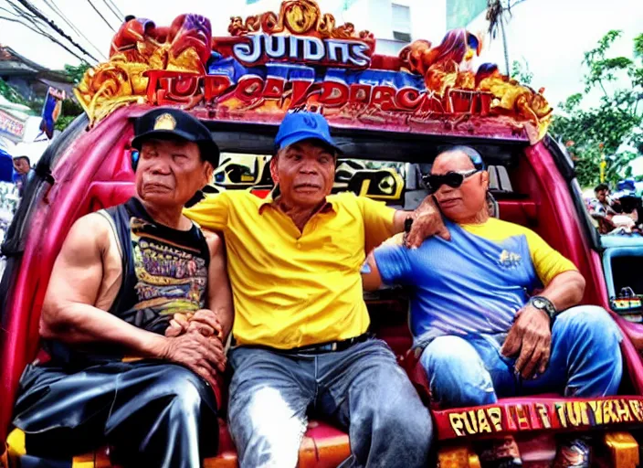 Image similar to rodrigo duterte and thanos riding a jeepney, real life photograph, award winning photograph, 4 k