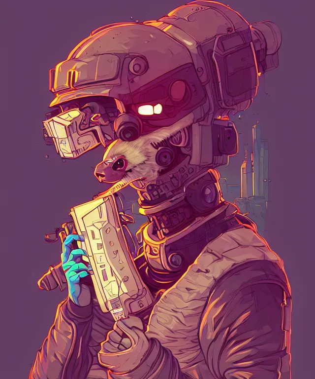 Image similar to a portrait of an anthropomorphic cyberpunk ferret eating pie, cyberpunk!, fantasy, elegant, digital painting, artstation, concept art, matte, sharp focus, illustration, art by josan gonzalez