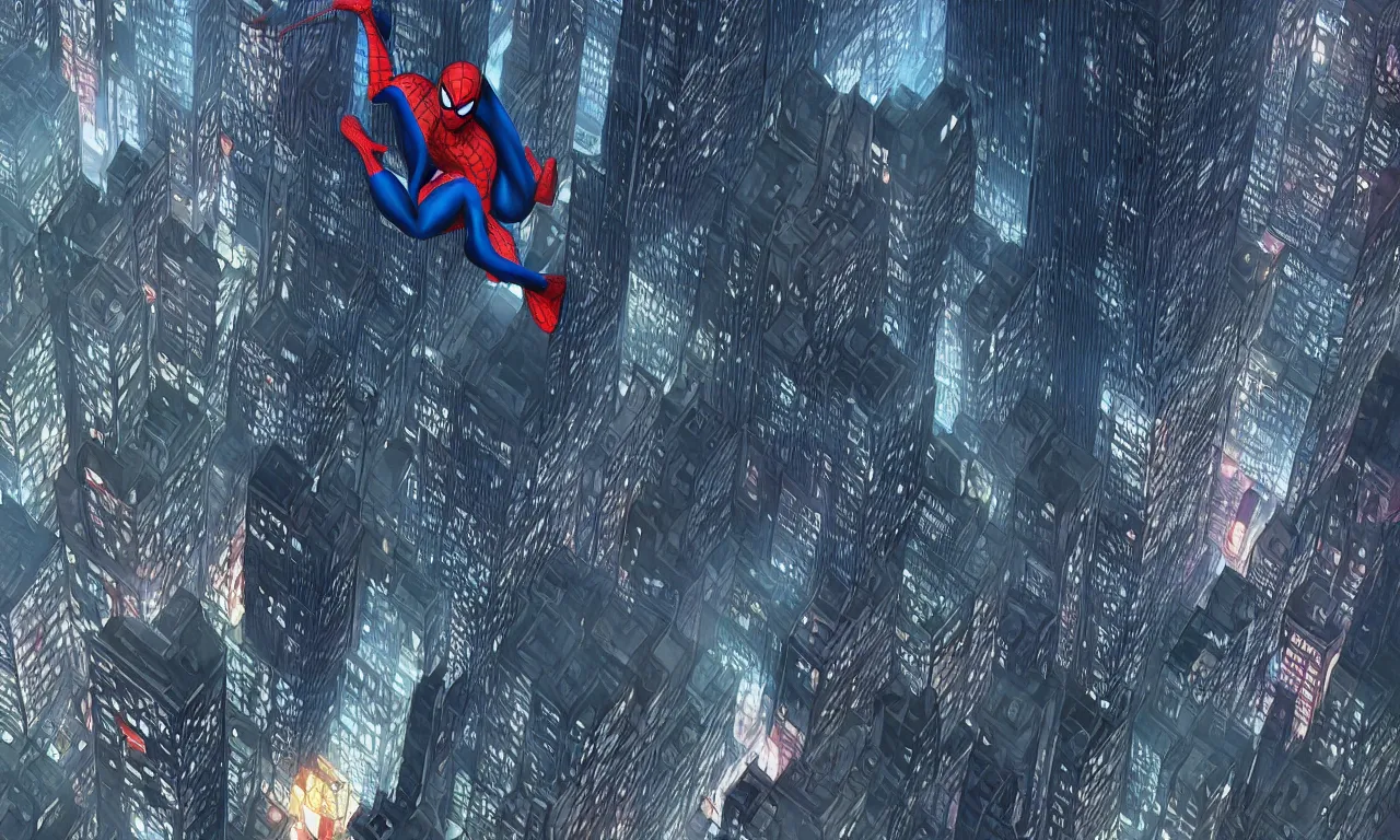 Prompt: spiderman in a wide city of new york, cinematic lighting, style by makoto shinkai