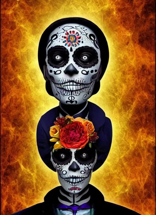 Image similar to dia de los muertos hombre theme surrealist art in the styles of igor morski, jim warren, and a tim burton film, intricate, hyperrealistic, accurate facial details, profile picture with chromakey!!!!! background, volumetric lighting