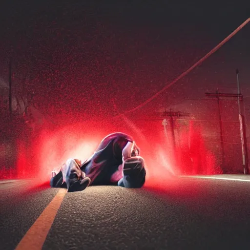 Image similar to drunk guy becoming pure splat in the middle of a dark road, bright red organs visible and mushy, severe lacerations of the abdomen, white van sprayed with blood, cinematic lighting