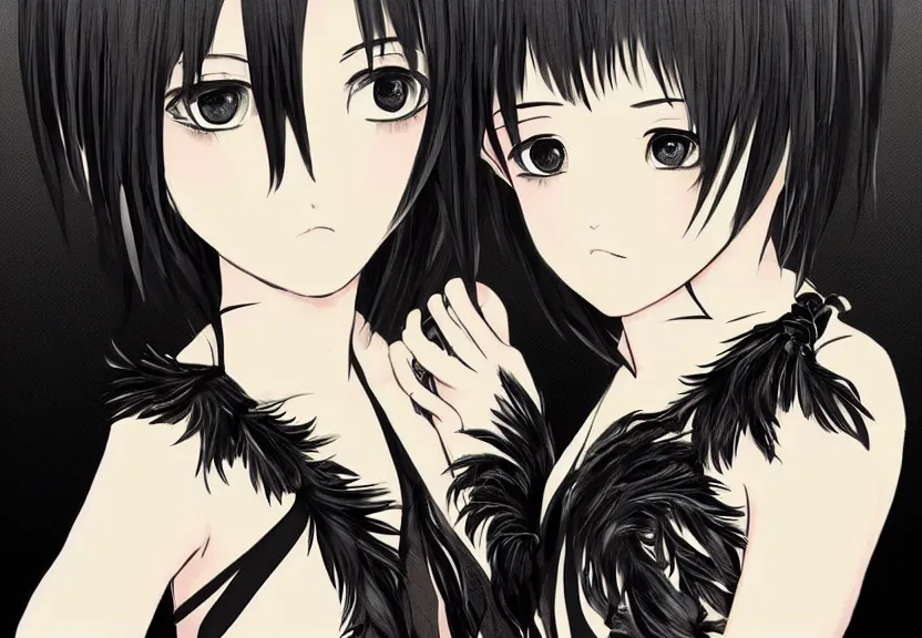 Prompt: little girl with a short black haircut wearing a dress made of black feathers, artwork in the anime style, realistic dark, anatomically perfect