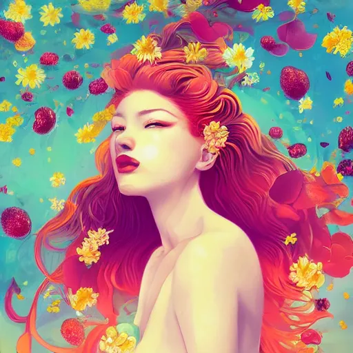 Image similar to Ginger woman in a swirling sundress of flowers, underwater, floral explosion, radiant light, vortex of plum petals, by WLOP, Tristan Eaton and artgerm, artstation, deviantart