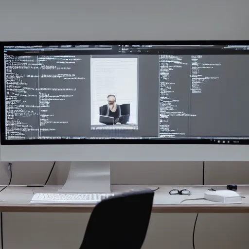 Prompt: a programmer sitting in front of a grey computer screen, with grey walls, grey clothes, and a grey light.