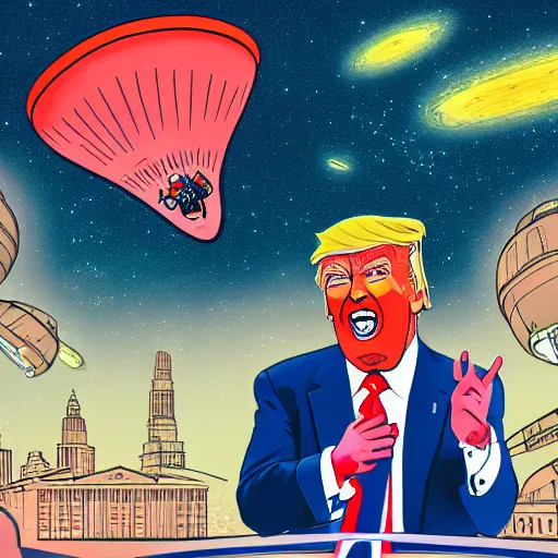 Image similar to an illustration of donal trump abducted by an ufo, hyper detailed, 8 k,