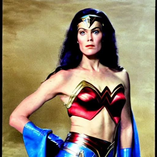 Image similar to young martine beswick as wonder woman, photorealistic, color photograph in the style of annie leibovitz - h 6 4 0