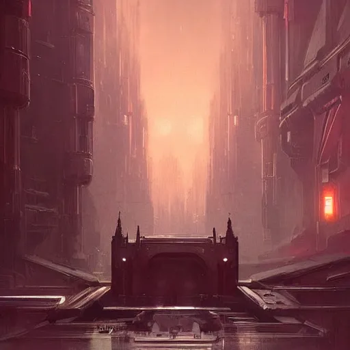 Image similar to star wars concept art by greg rutkowski, a palatial metropolis, elegant, neo - gothic architecture, dark, reddish cinematic lighting, haunting atmosphere, artstation hq.