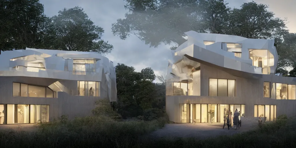 Prompt: 3d rendering of beautiful nature meets architecture concept of a residential house by Bjarke Ingels Group, volumetric lighting,, luxury, high detail, 14mm, cinematic photography, cg architects, high resolution