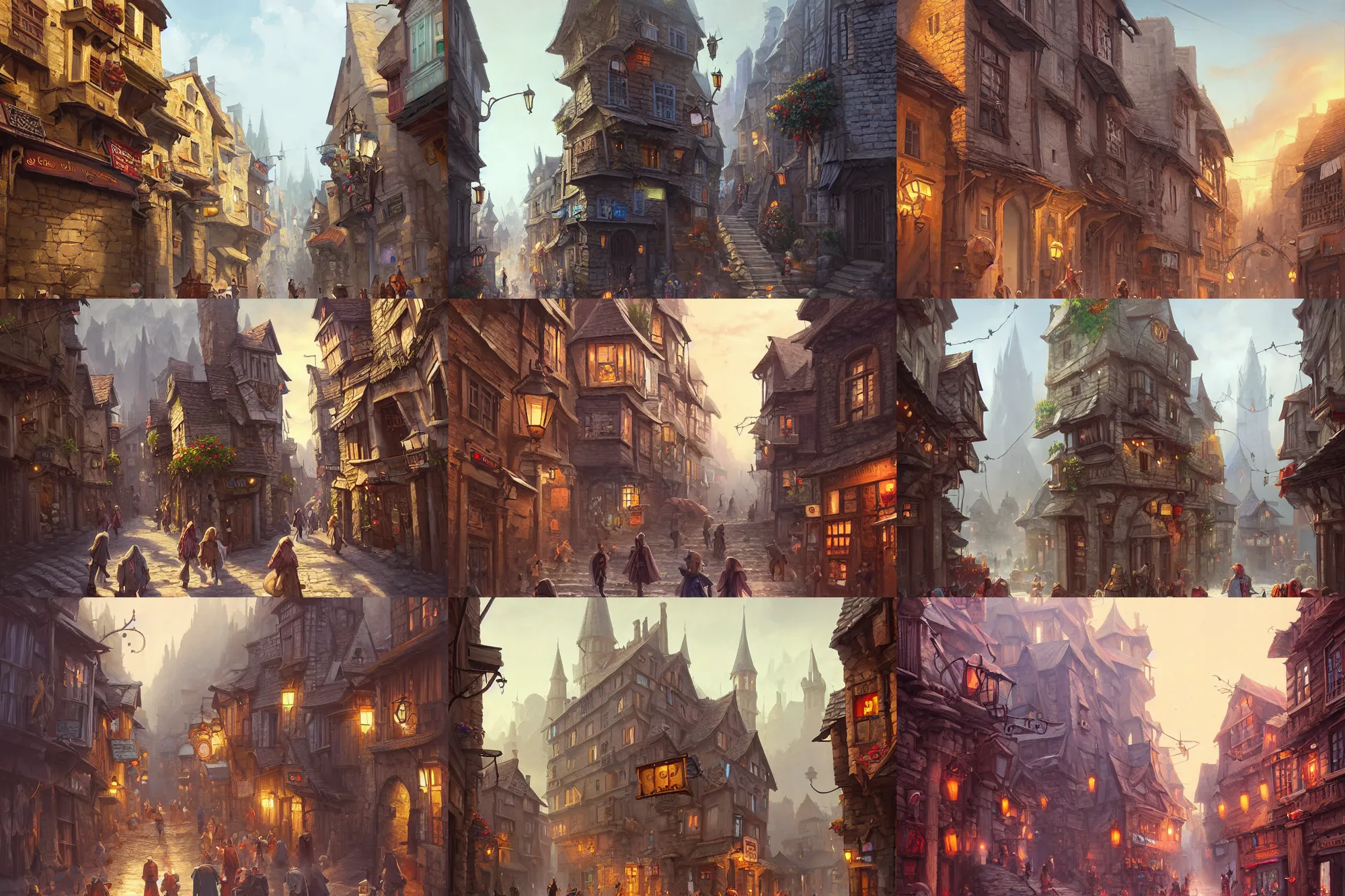 Prompt: a busy street within a fascinating old fantasy city, geometrically accurate, quirky shops, narrow streets, old buildings, old stone steps, street life, by Sylvain Sarrailh, cinematic, stunning composition, beautiful digital painting, oil painting, dungeons and dragons, lord of the rings